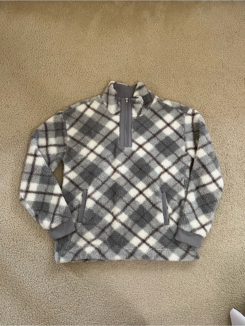 Maurices Gray and White Plaid Zip-Up Fleece Sherpa Pullover - Women’s Medium